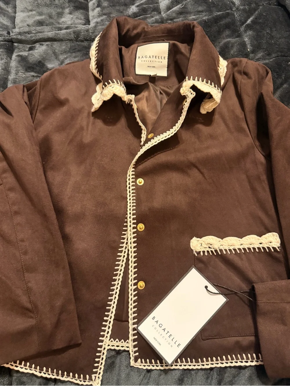 Bagatelle Collection Brown Suede Crochet Trim Button Collared Jacket Size M - Picture 4 of 5